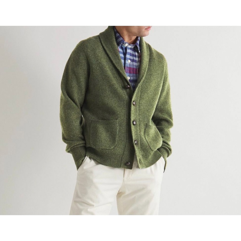 Sid Mashburn Shawl-Collar Ribbed Cardigan Lambswool Leather Buttons‎ Medium $350